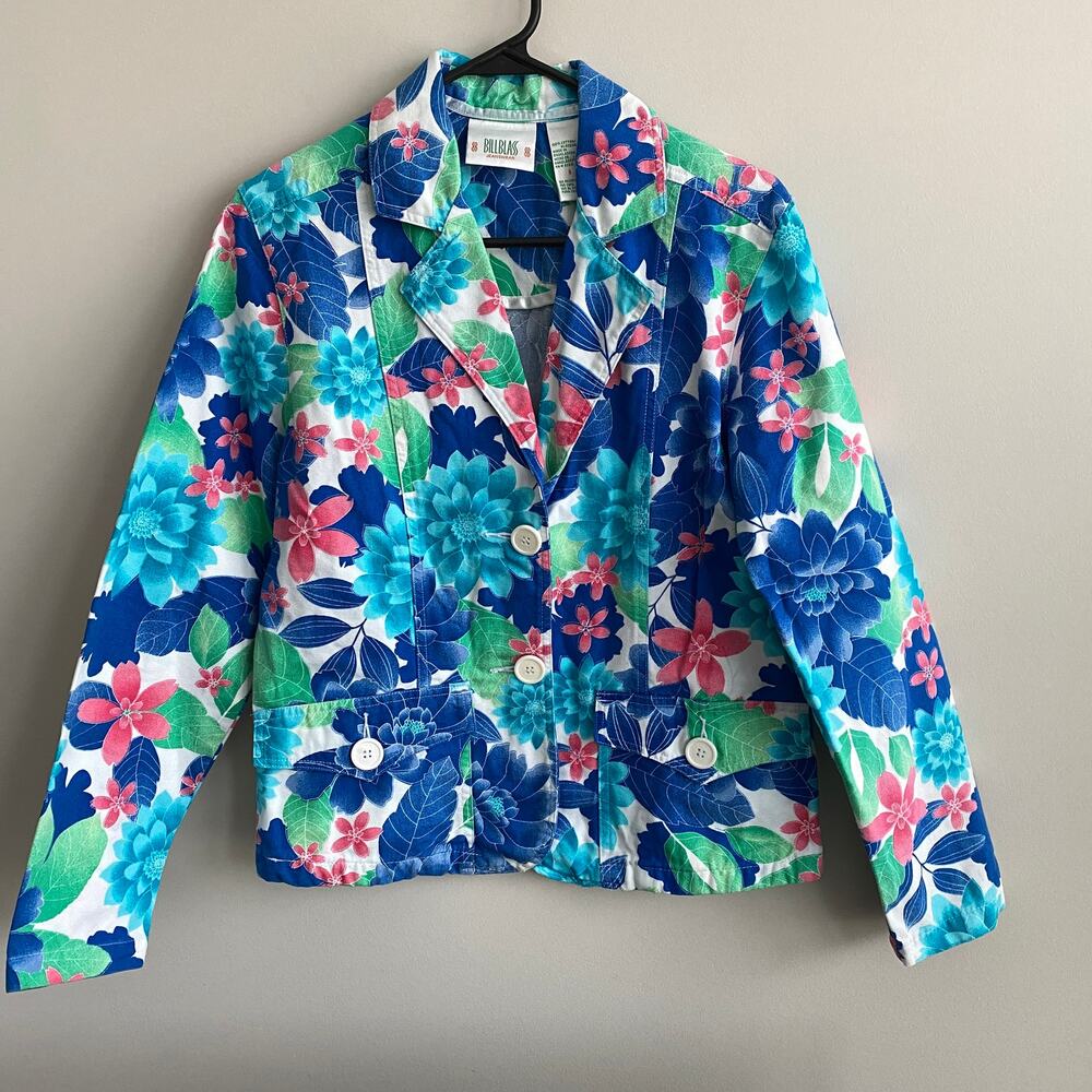 Bill Blass Jeanswear Jacket Blue Floral Bright Tropical Spring Small Cotton